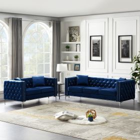 2 Piece Modern Velvet Living Room Set with Sofa and Loveseat; Jeweled Button Tufted Copper Nails Square Arms; 4 Pillows Included; Blue