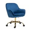 360¬∞ Dark Blue Velvet Swivel Chair With High Back, Adjustable Working Chair With Golden Color Base