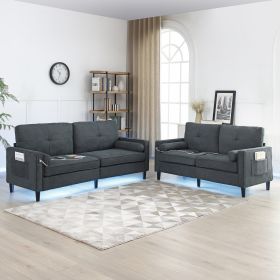 2 Piece Modern Sofa Couch and Loveseat with 2 Side Pockets, Modern Sofa with 2 USB Ports on the Armrest, Power Sofa set with LED Lights