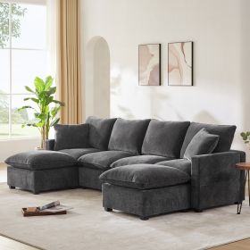 [VIDEO provided] [New] 110*57" Modern U Shape Modular Sofa, 6 Seat Chenille Sectional Couch Set with 2 Pillows Included