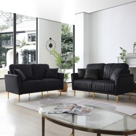 Black Velvet Modern 2 Pieces of 2 Seat Sofa and Loveseat Couch Living Room Set, Metal Legs with Self fabric pillows