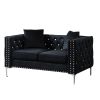 2 Piece Modern Velvet Living Room Set with Sofa and Loveseat; Jeweled Button Tufted Copper Nails Square Arms Black; 4 Pillows Included