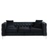 2 Piece Modern Velvet Living Room Set with Sofa and Loveseat; Jeweled Button Tufted Copper Nails Square Arms Black; 4 Pillows Included