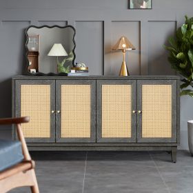 Handcrafted Premium Grain Panels,Rattan Sideboard Buffer Cabinet With 4 Rattan Doors