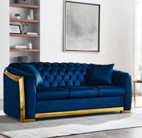 Velvet Luxury Chesterfield Sofa Set, 84 Inches Tufted 3 Seat Couch with Gold Stainless for Living Room, Navy Blue Fabric