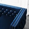 2 Piece Modern Velvet Living Room Set with Sofa and Loveseat; Jeweled Button Tufted Copper Nails Square Arms; 4 Pillows Included; Blue