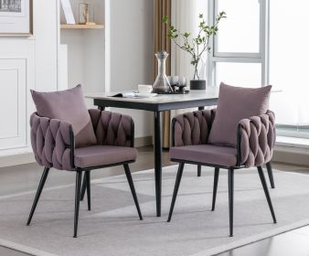 Pure Purple Modern Velvet Dining Chairs Set of 2 Hand Weaving Accent Chairs Living Room Chairs Upholstered Side Chair with Black Metal Legs for Dining