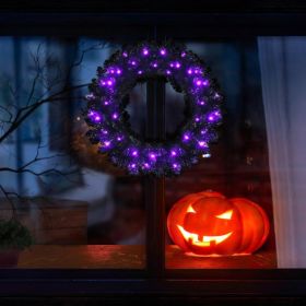 24 Inch Pre-lit Halloween Wreath with 35 Purple LED Lights