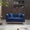 2 Piece Modern Velvet Living Room Set with Sofa and Loveseat; Jeweled Button Tufted Copper Nails Square Arms; 4 Pillows Included; Blue