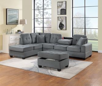 Dark Gray Plush Microfiber Living Room Furniture 3-PCS Reversible Sectional Sofa Set Sofa w Cup Holder Reversible Chaise And Storage Ottoman