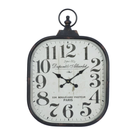 DecMode 18" x 26" Black Metal Distressed Pocket Watch Style Wall Clock with Ring Finial