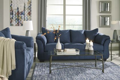 Aruca Navy Blue Microfiber Pillow Back 2-Piece Living Room Set, Sofa and Loveseat, Navy Blue