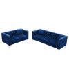 2 Piece Modern Velvet Living Room Set with Sofa and Loveseat; Jeweled Button Tufted Copper Nails Square Arms; 4 Pillows Included; Blue