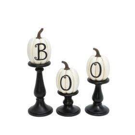 Gerson Set of three resin/stone lettered white pumpkins on candleholders, large is 17.52-in