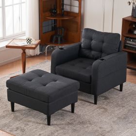 Dark Gray Upholstered Armchair and Storage Ottoman Set - Comfortable Single Sofa with Cup Holders and Tufted Detailing