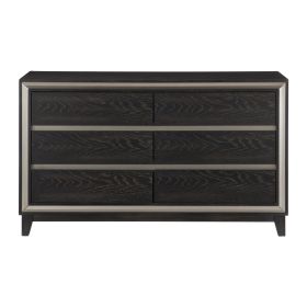 Modern Bedroom 1pc Dresser of 6 Drawers Grooves Cutouts Pulls Ebony Finish and Silver Contemporary Wooden Furniture