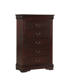 1pc Cherry Finish Five Drawers Louis Philip Chest Solid Wood Contemporary Sleek Ample Storage