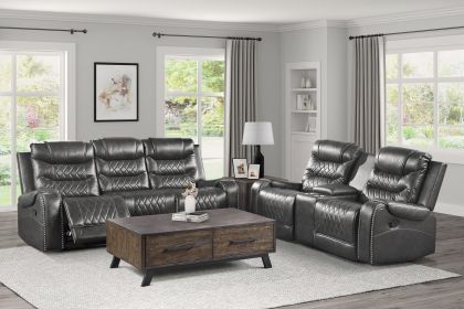 Luxurious Living Room Furniture 2pc Reclining Sofa Set Gray Breathable Faux Leather Upholstery Center Drop-Down Cup Holders, Power Outlets, USB Ports