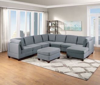 Modular Sectional 9pc Set Living Room Furniture Corner Sectional Couch Grey Linen Like Fabric 3x Corner Wedge 4x Armless Chairs and 2x Ottomans