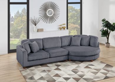 Contemporary 2pc Sectional Set XL Plush Corduroy Fabric Dark Gray LAF Sofa RAF Round Chaise w Pillows Living Room Couch