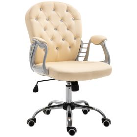 PU Leather Home Office Chair, Button Tufted Desk Chair with Padded Armrests, Adjustable Height and Swivel Wheels, Beige