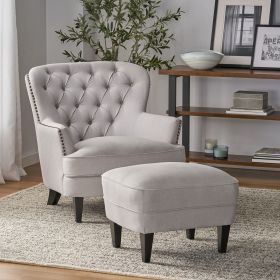 Contemporary Light Grey Fabric Club Chair and Ottoman Set, Stylish Upholstered Armchair with Matching Ottoman