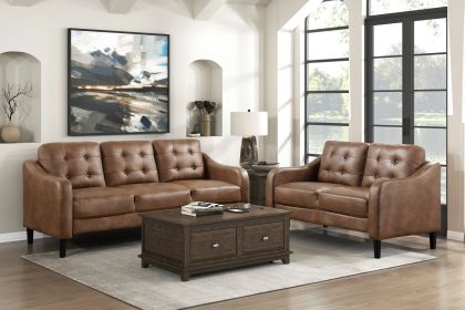 Brown 2pc Sofa Set Microfiber Upholstered Sofa Loveseat Set Button-Tufted Contoured Arms Solid Wood Frame Casual Living Room Furniture