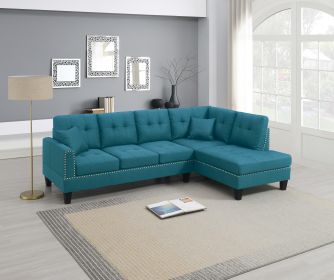 2-PCS SECTIONAL SET Living Room Furniture LAF Sofa And RAF Chaise Azure / Blue Color Linen Like Fabric Tufted Couch