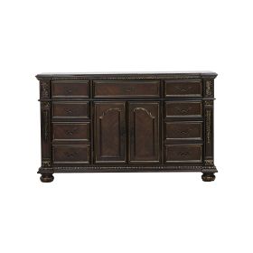 Formal Traditional Dresser of 9 Drawers Dark Cherry Finish with Gold Tipping Storage Cabinet Adjustable Shelf Luxury Home Furniture 1pc European Style